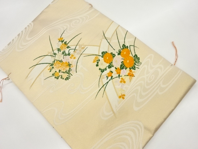 JAPANESE KIMONO / UNUSED NAGOYA OBI / SILK / WOVEN BUSKET & AUTUME LEAVES & STREAM